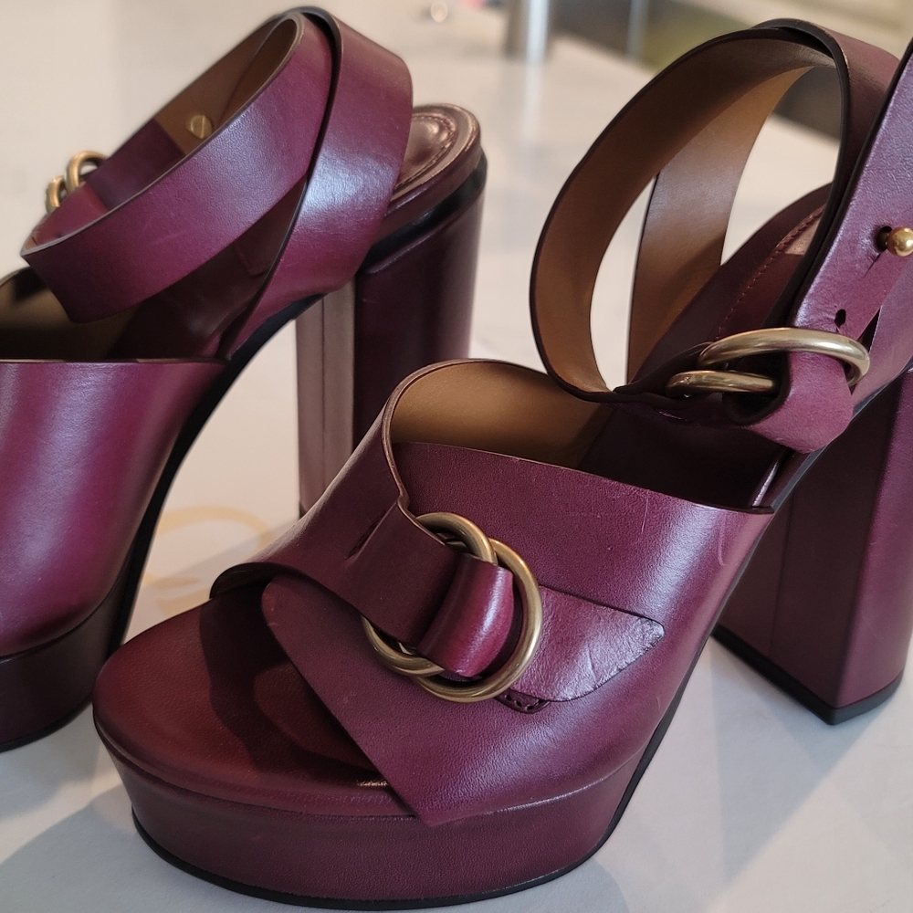 CHLOE Burgundy Platform Shoes with Peep-Toe & Ankle Straps Size EUR 36 NIB